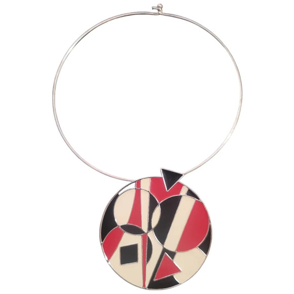 Vintage Jewelry - VINTAGE art deco red white black circle geometric silver choker necklace